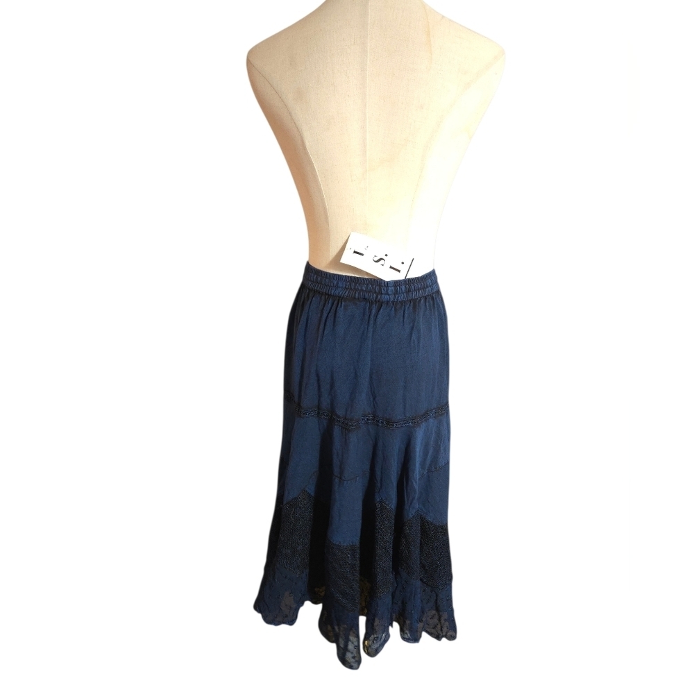 L.S.I  Blue Lace Trimmed Embellished Peasant Midi Boho Skirt NWT - Picture 4 of 7